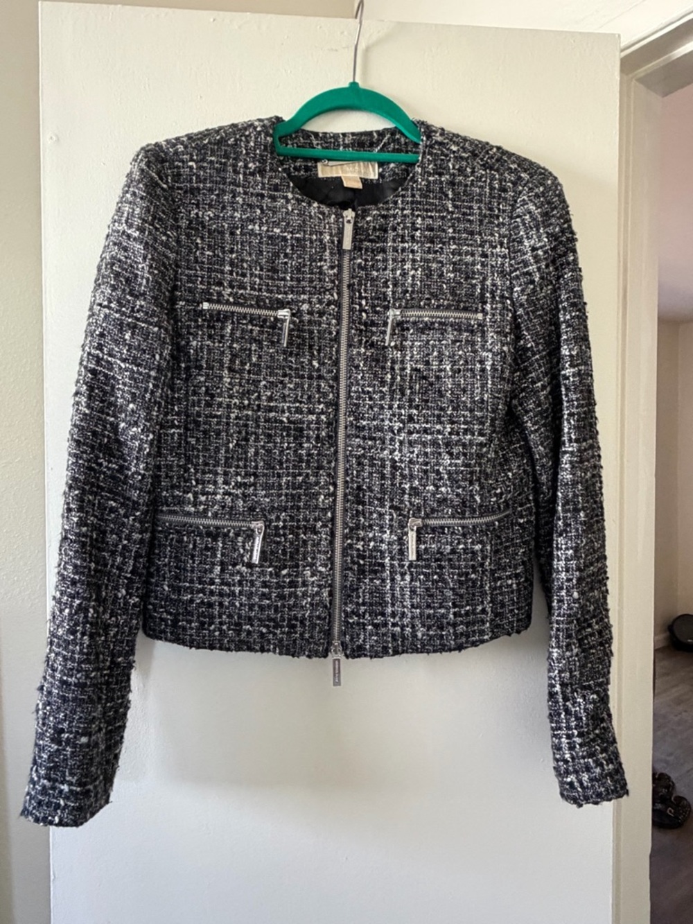 Michael Kors Black & White Tweed Zip-Front Blazer